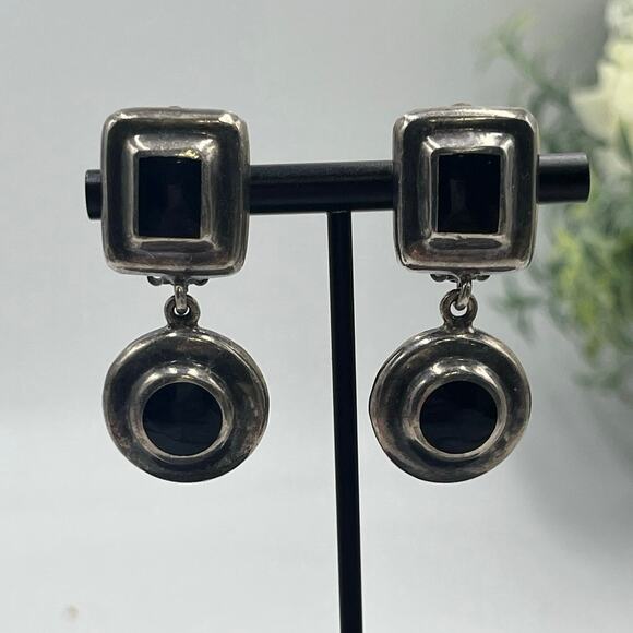 MEXICO Stamped Sterling Vintage 925 Silver Dangle Inlay Black Onyx Clip
Earrings - Picture 1 of 10
